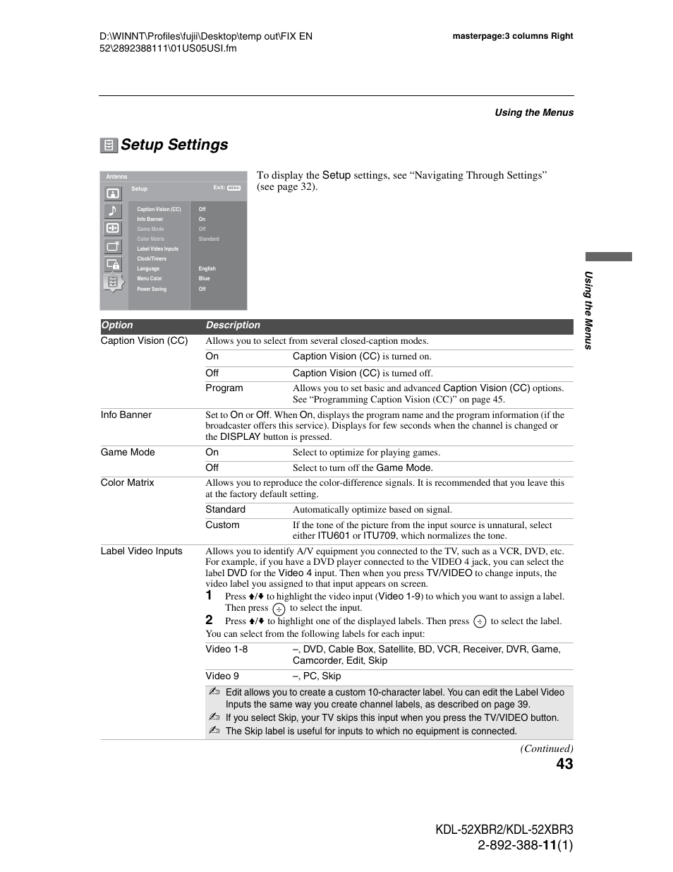 Setup settings, Nd 43 | Sony KDL-52XBR3 User Manual | Page 43 / 56