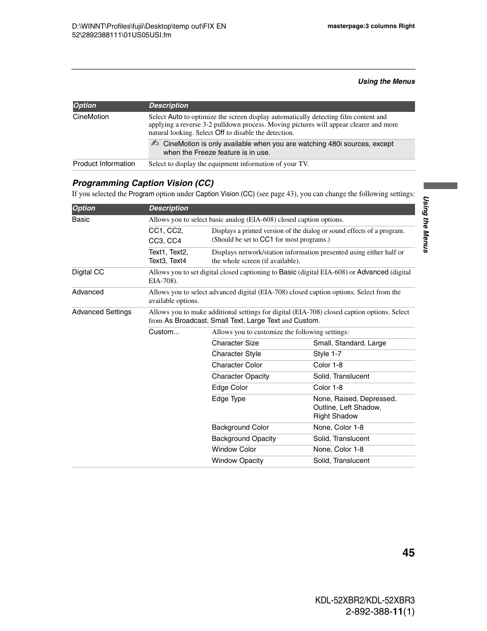 Sony KDL-52XBR3 User Manual | Page 45 / 56