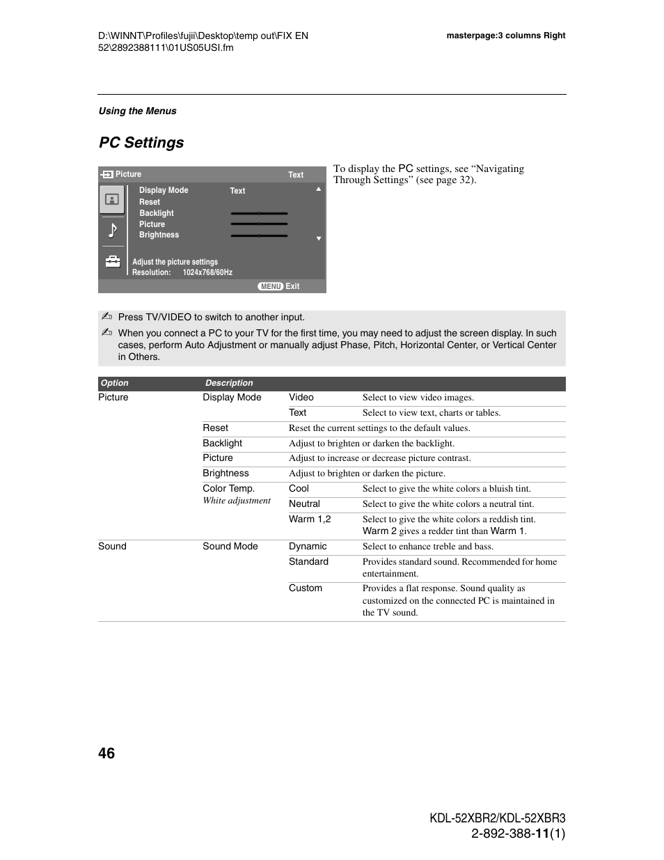 Pc settings | Sony KDL-52XBR3 User Manual | Page 46 / 56