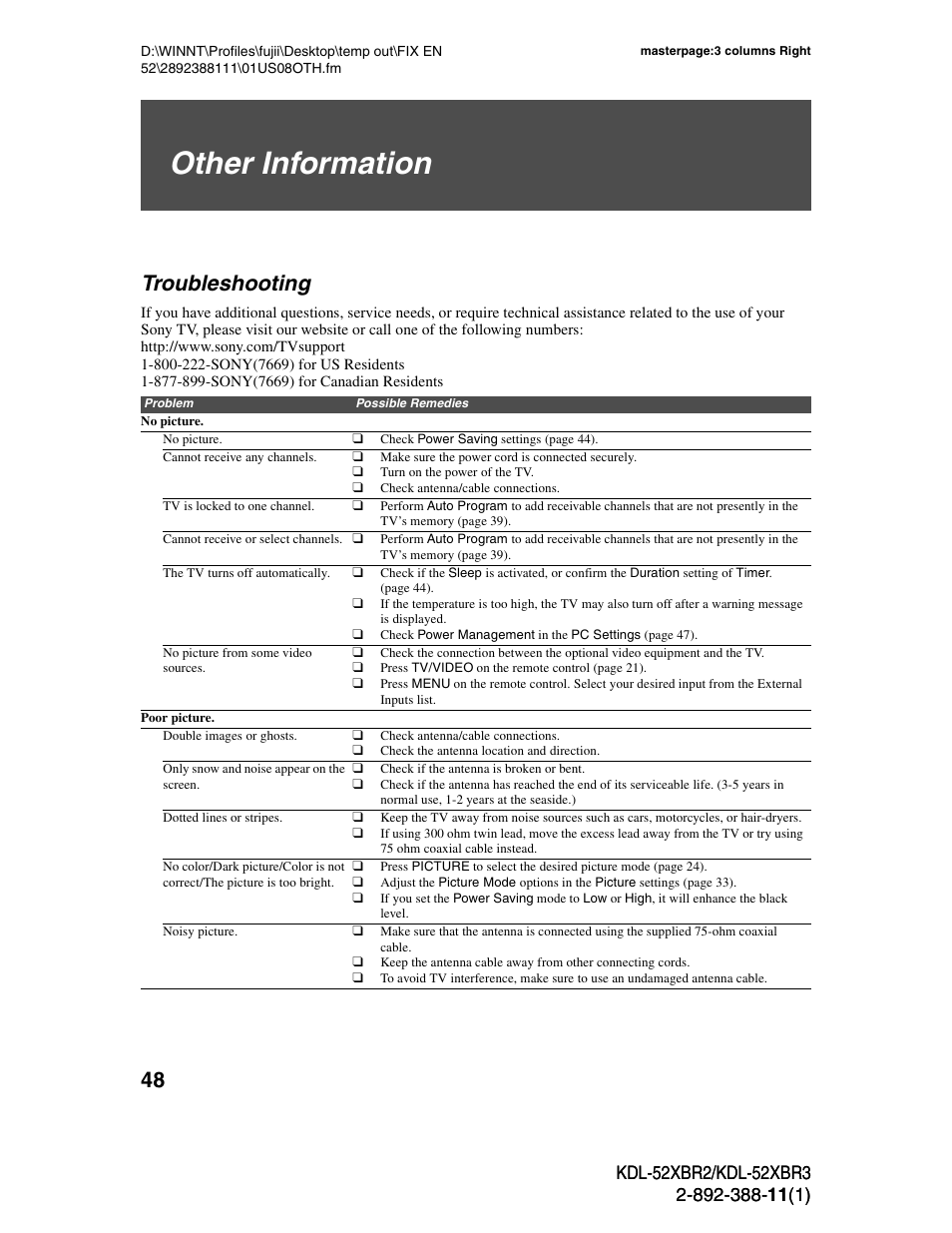 Other information, Troubleshooting | Sony KDL-52XBR3 User Manual | Page 48 / 56