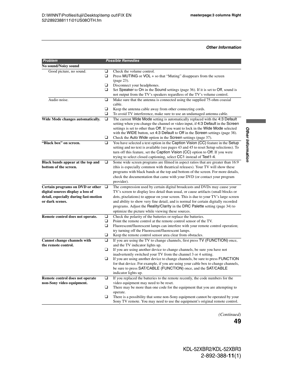 Sony KDL-52XBR3 User Manual | Page 49 / 56
