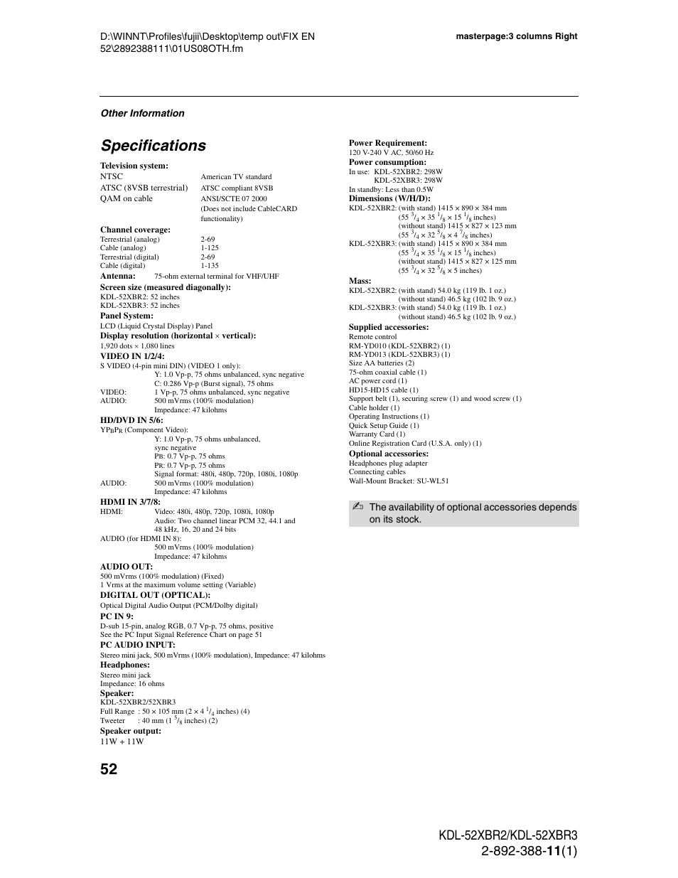 Specifications, Other information | Sony KDL-52XBR3 User Manual | Page 52 / 56