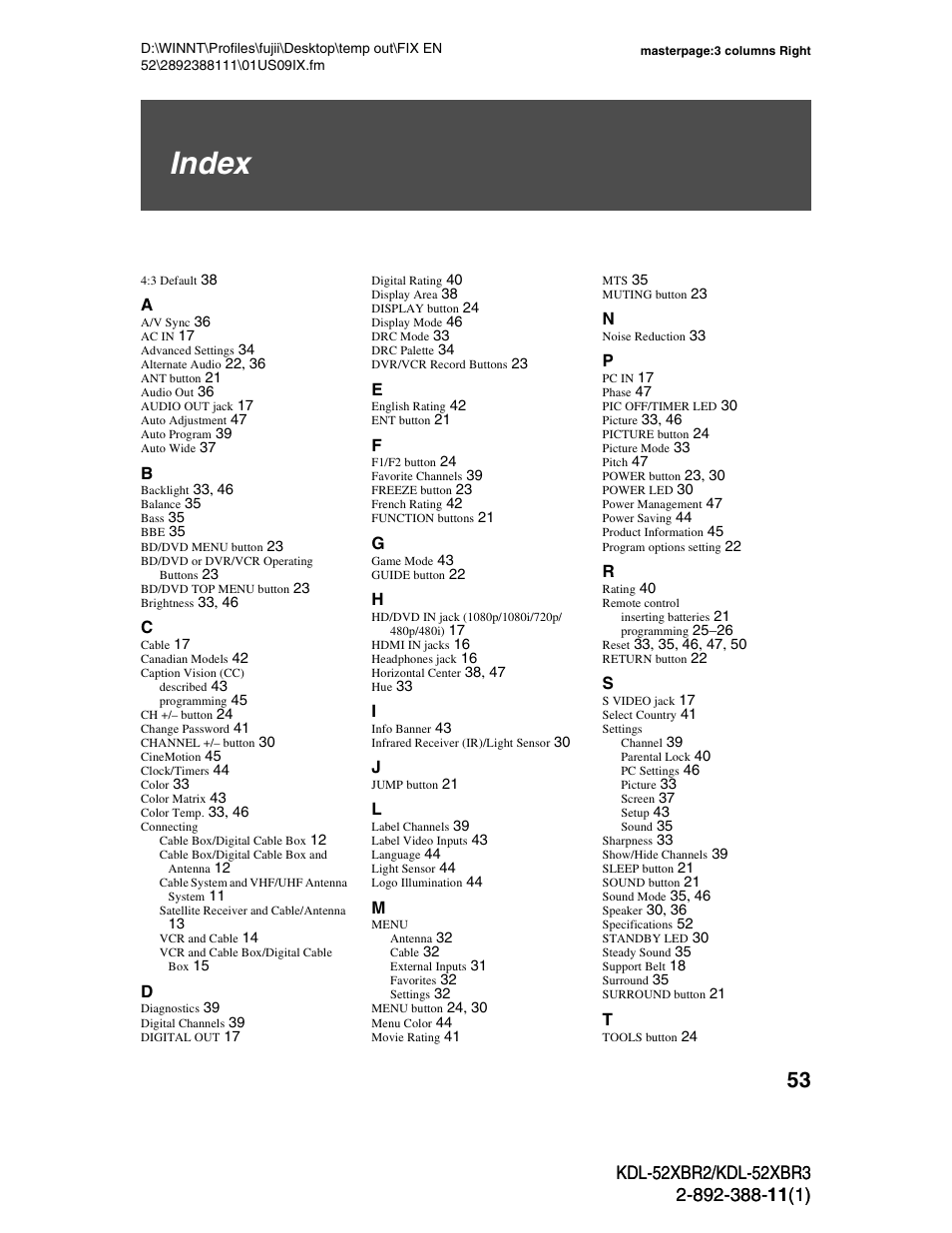 Index | Sony KDL-52XBR3 User Manual | Page 53 / 56