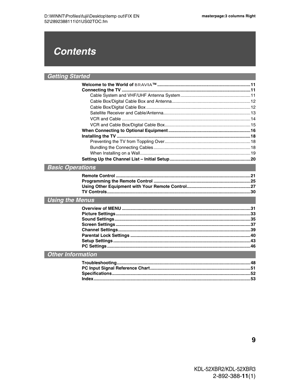 Sony KDL-52XBR3 User Manual | Page 9 / 56