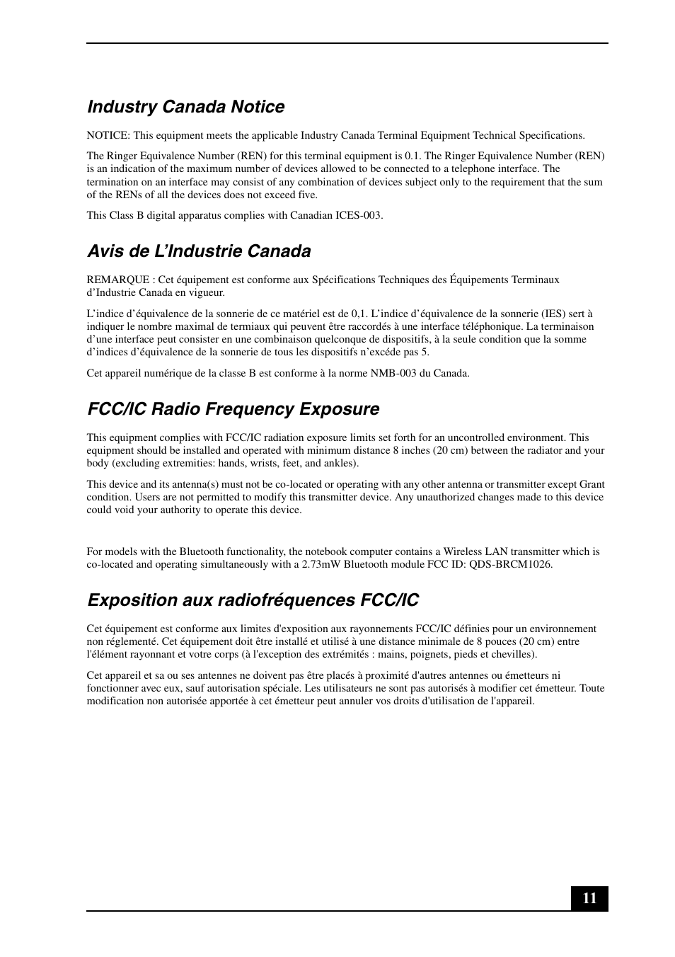 Industry canada notice, Avis de l’industrie canada, Fcc/ic radio frequency exposure | Exposition aux radiofréquences fcc/ic | Sony VGN-SR390 User Manual | Page 11 / 24