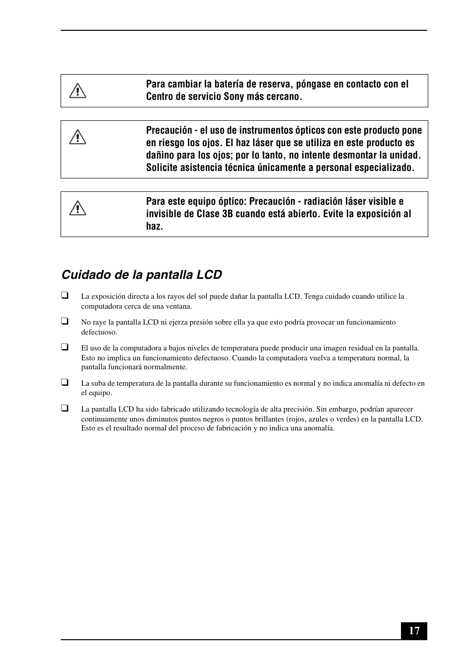 Cuidado de la pantalla lcd | Sony VGN-SR390 User Manual | Page 17 / 24