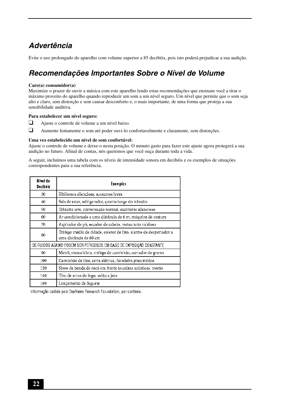 Advertência, Recomendações importantes sobre o nível de volume | Sony VGN-SR390 User Manual | Page 22 / 24