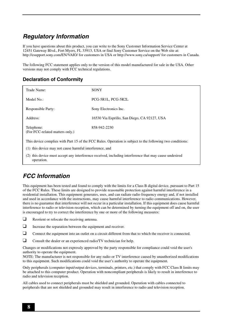 Regulatory information, Fcc information, Declaration of conformity | Sony VGN-SR390 User Manual | Page 8 / 24