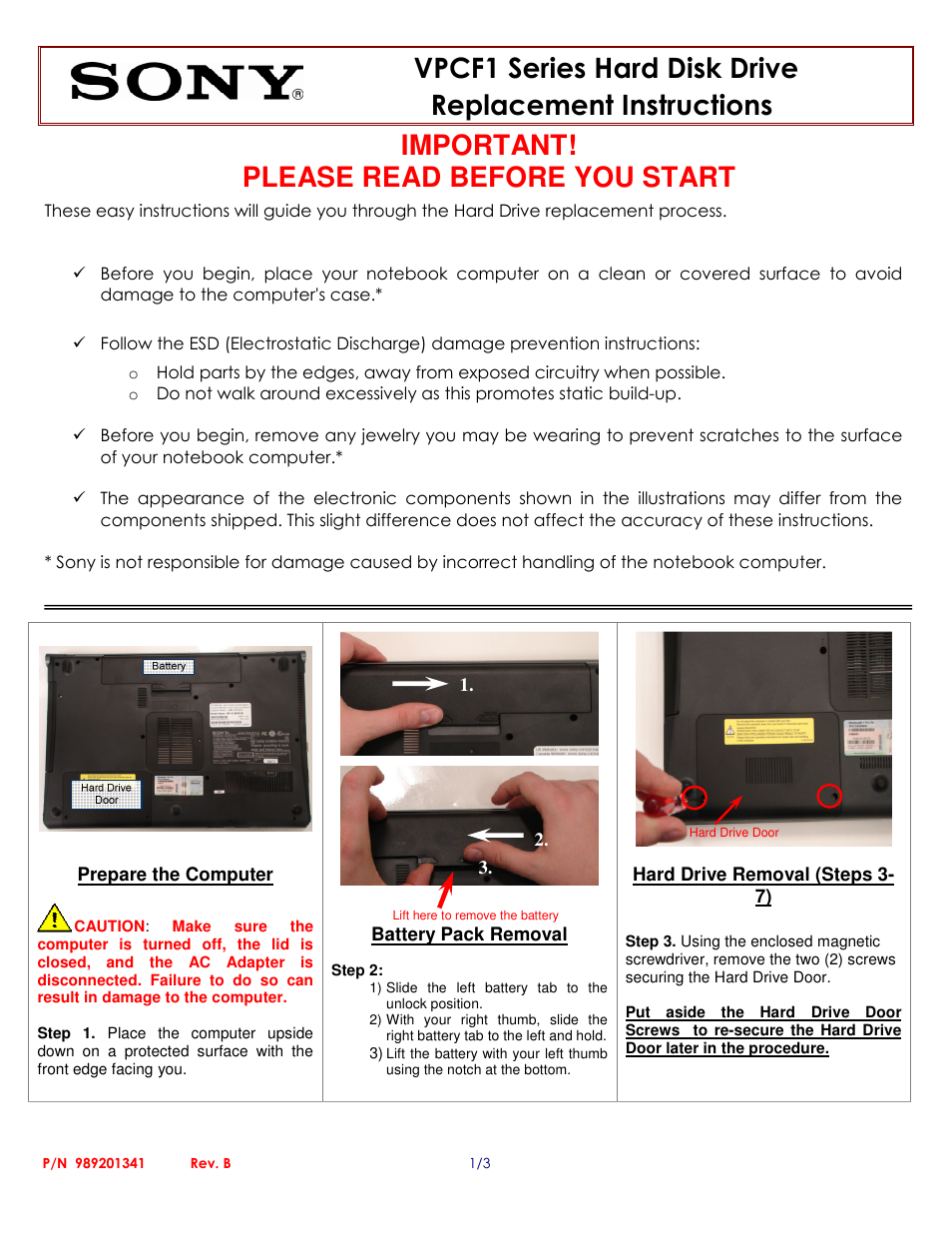 Sony VPCF1 Series Hard Disk Drive (Replacement Instructions) User Manual | 3 pages