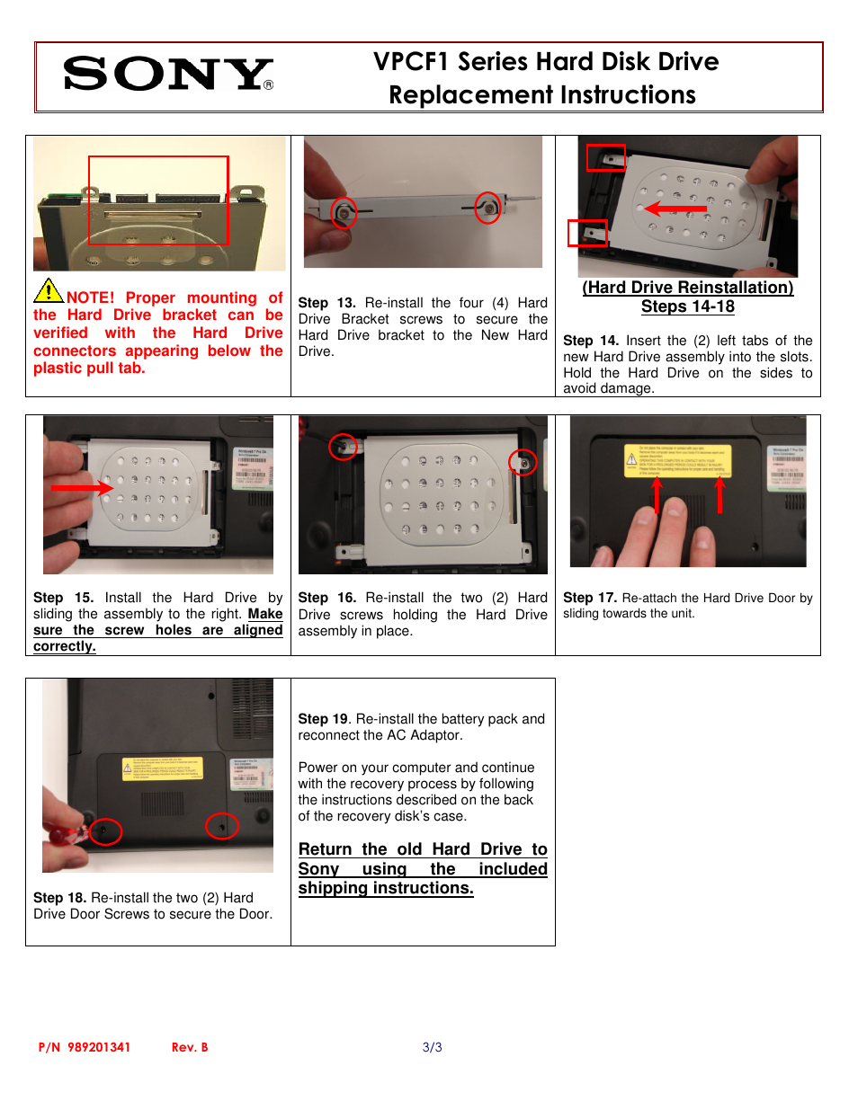 Sony VPCF1 Series Hard Disk Drive (Replacement Instructions) User Manual | Page 3 / 3