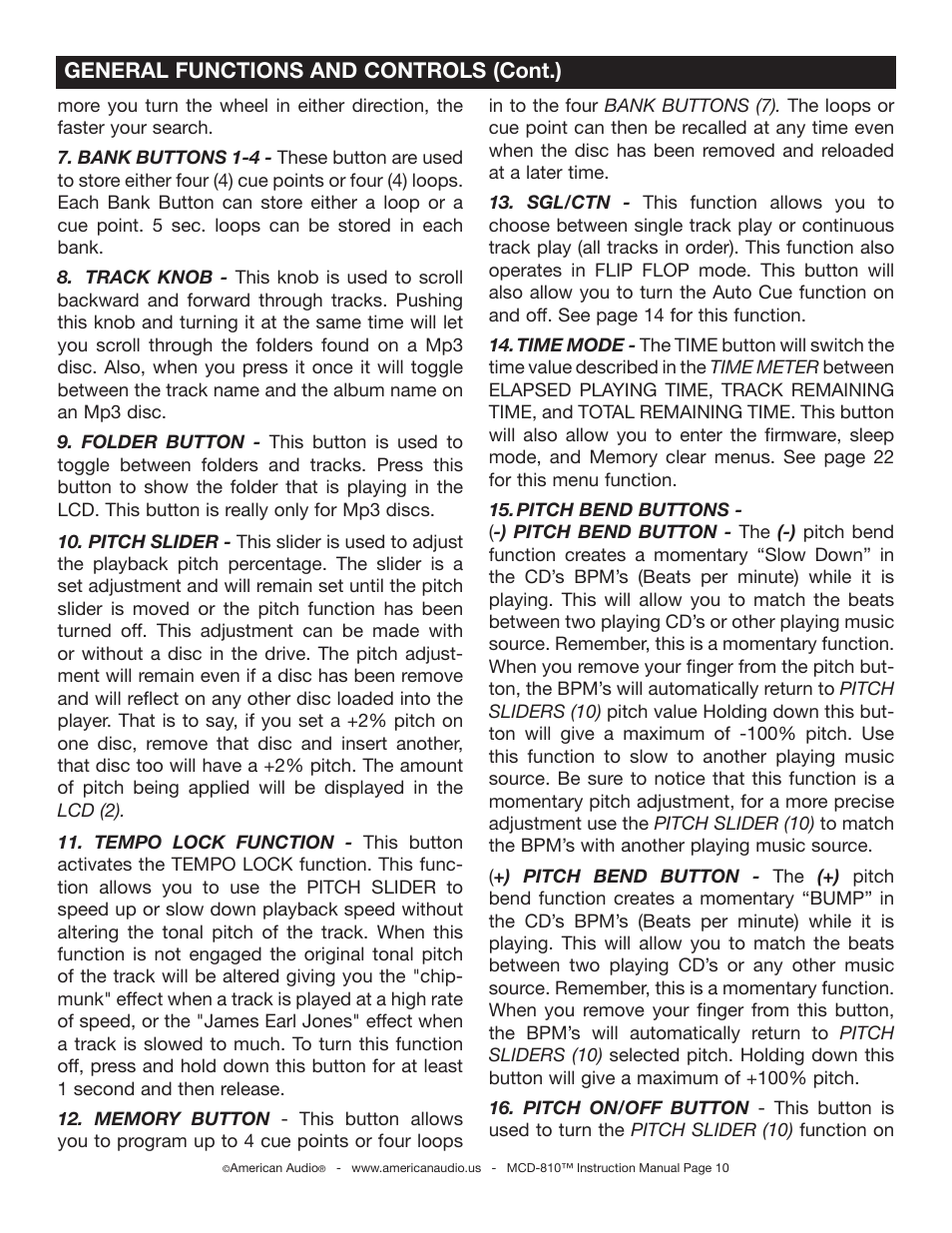 General functions and controls (cont.) | American Audio MCD-810 User Manual | Page 10 / 34