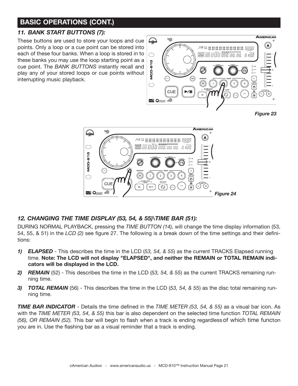 Basic operations (cont.), Bank start buttons (7), Of which time func | Figure 23, Figure 24, American audio | American Audio MCD-810 User Manual | Page 21 / 34