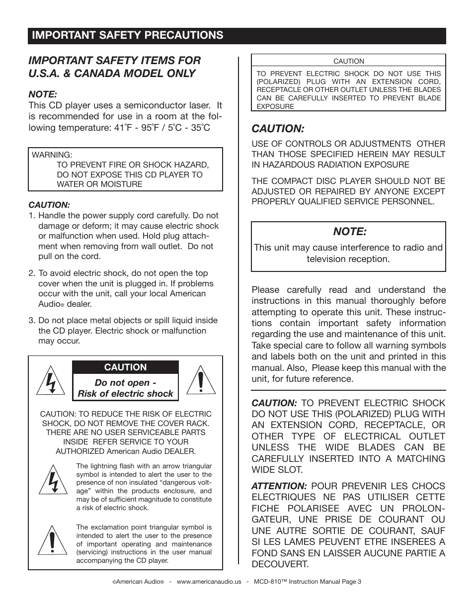 Caution, Important safety precautions | American Audio MCD-810 User Manual | Page 3 / 34