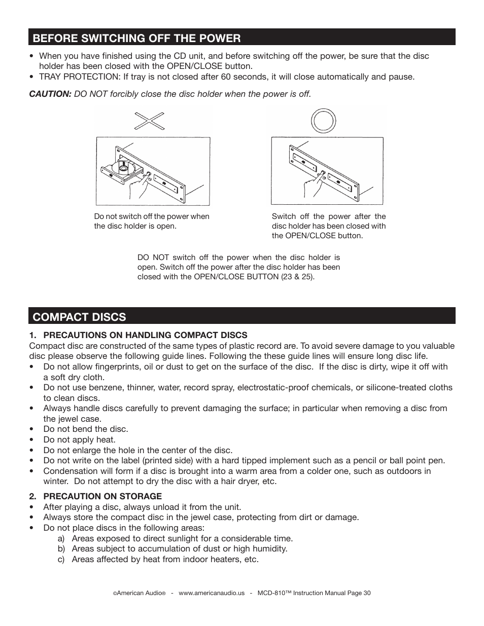 Compact discs, Before switching off the power | American Audio MCD-810 User Manual | Page 30 / 34