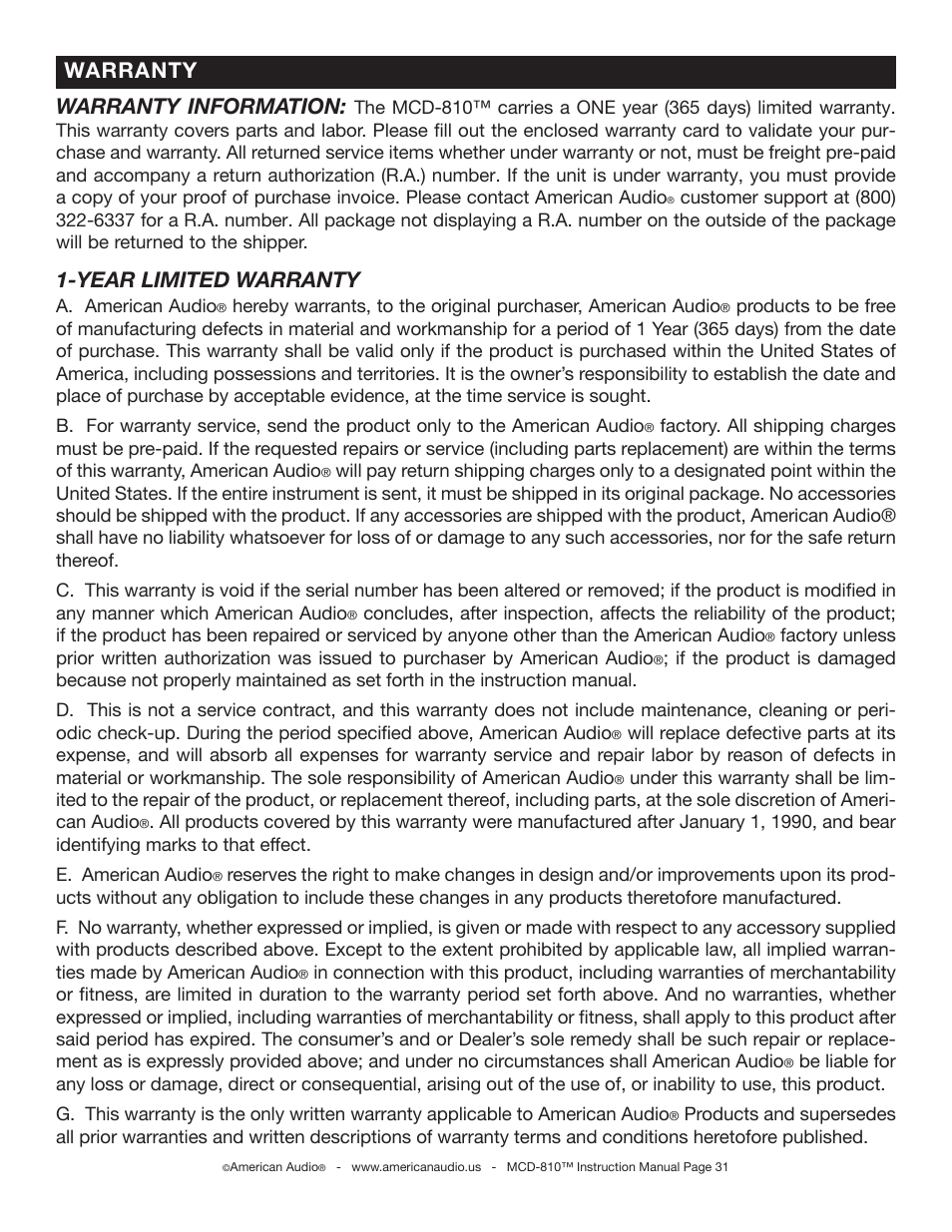 Warranty information, Year limited warranty, Warranty | American Audio MCD-810 User Manual | Page 31 / 34