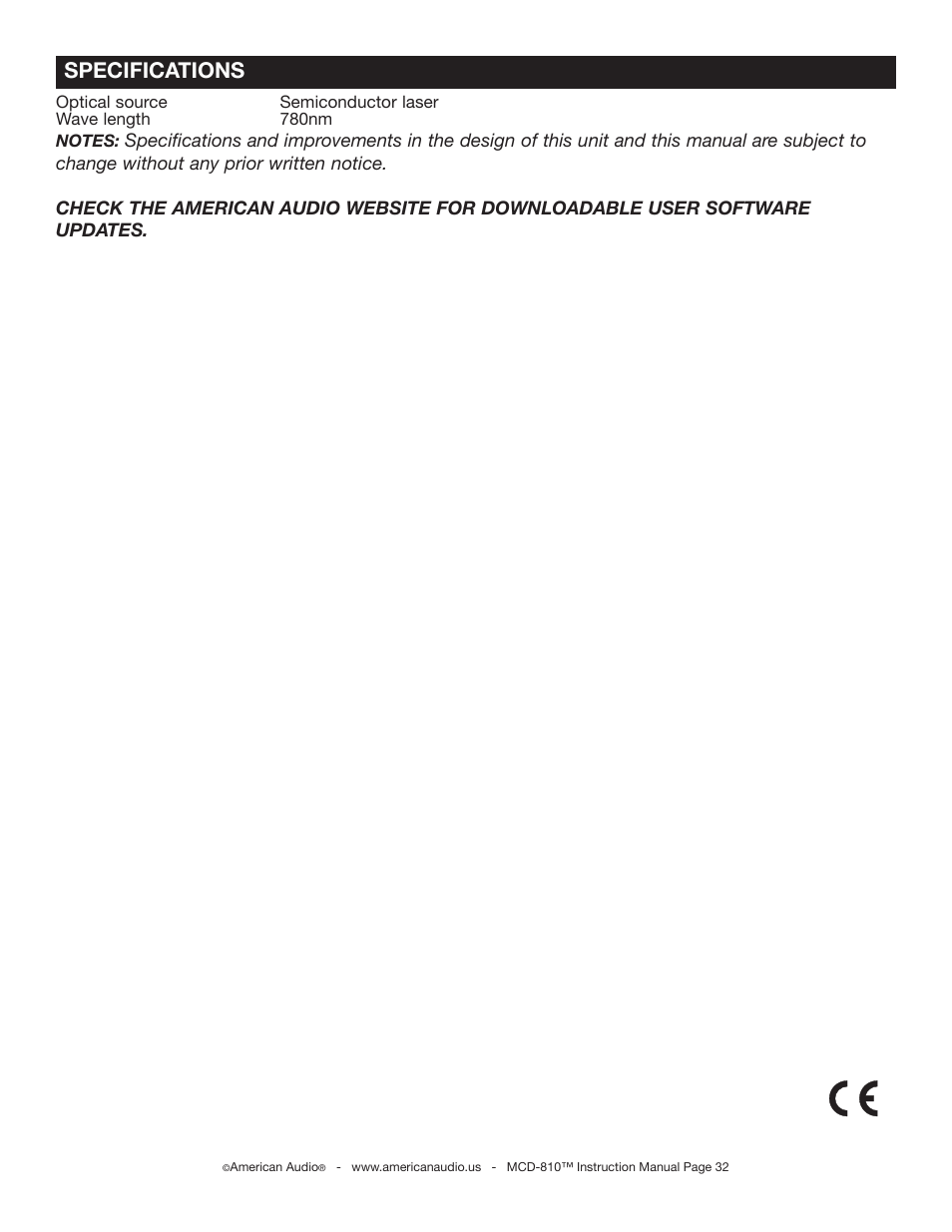Specifications | American Audio MCD-810 User Manual | Page 33 / 34