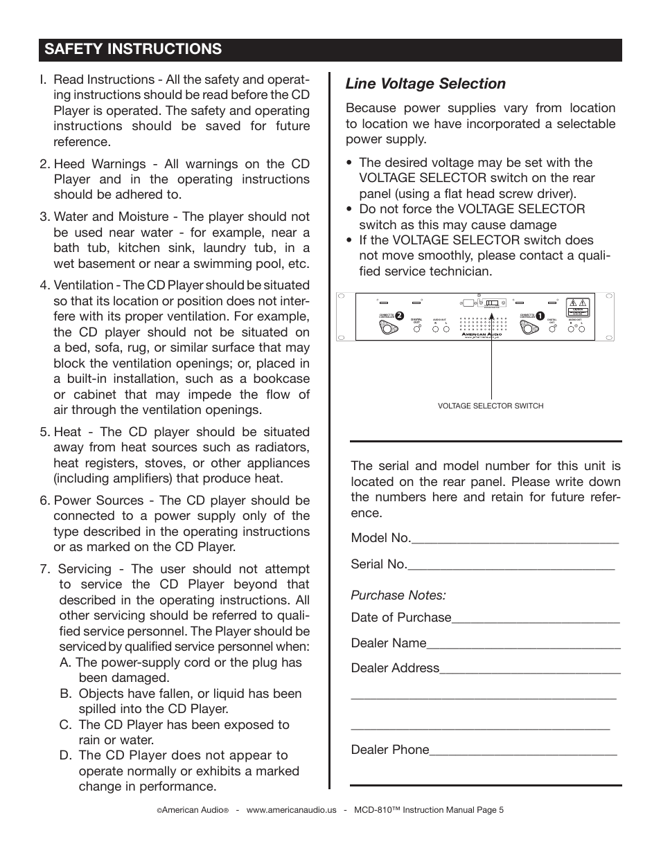 Safety instructions line voltage selection, C. the cd player has been exposed to rain or water | American Audio MCD-810 User Manual | Page 5 / 34