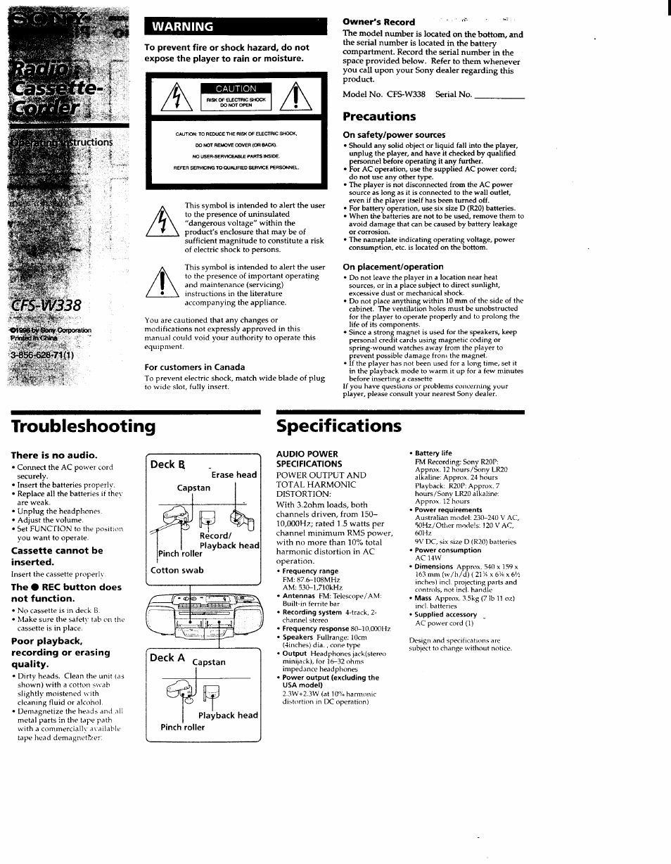 Sony CFS-W338 User Manual | 4 pages