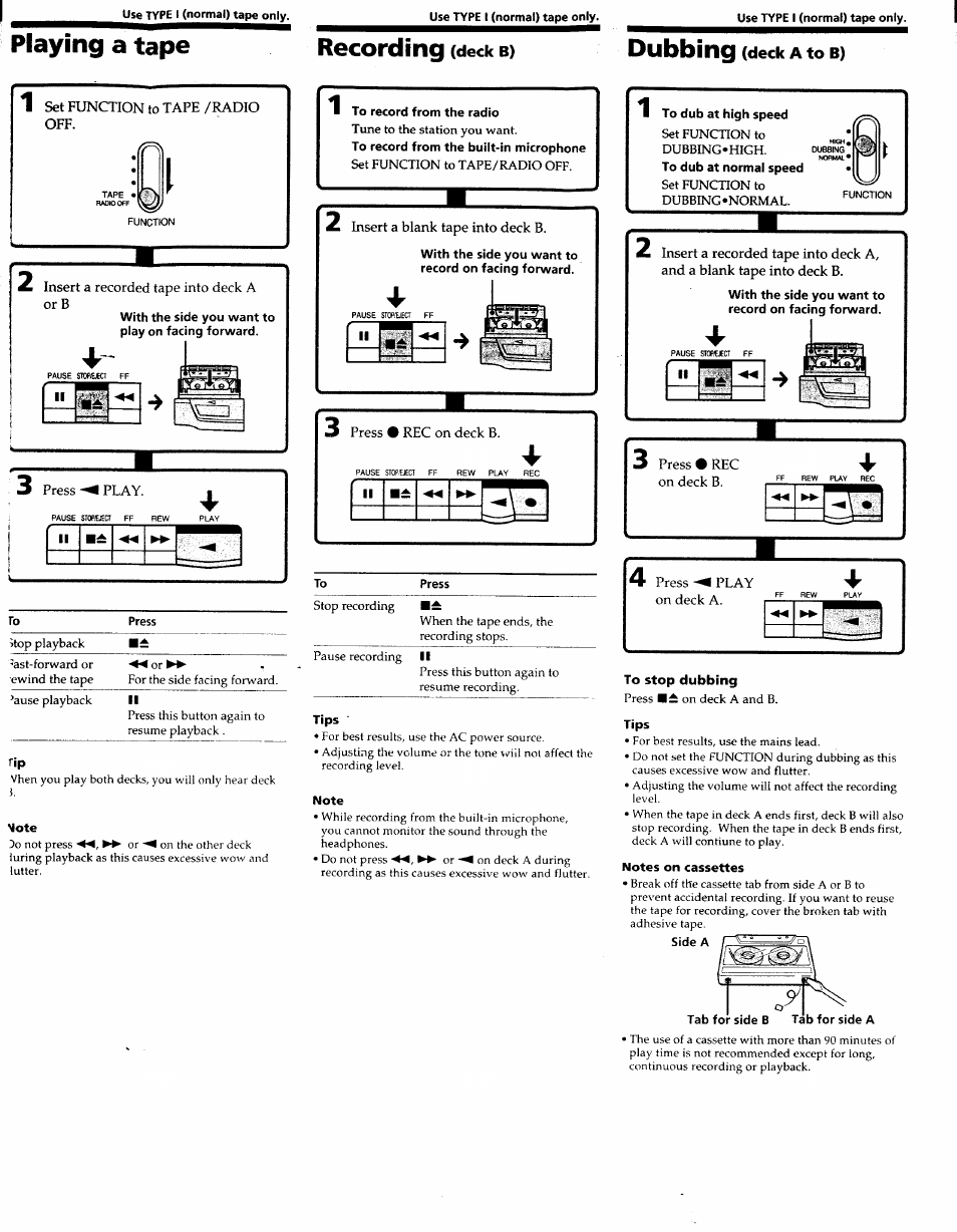 With the side you want to play on facing forward, Mote, To record from the radio | With the side you want to record on facing forward, Tips, Note, To dub at high speed, To dub at normal speed, To stop dubbing, Notes on cassettes | Sony CFS-W338 User Manual | Page 3 / 4