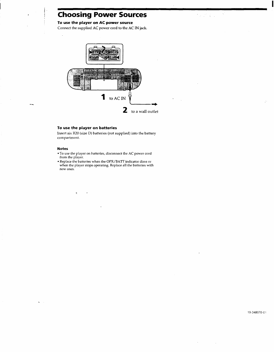 To use the player on ac power source, To use the player on batteries, Notes | Choosing power sources | Sony CFS-W338 User Manual | Page 4 / 4