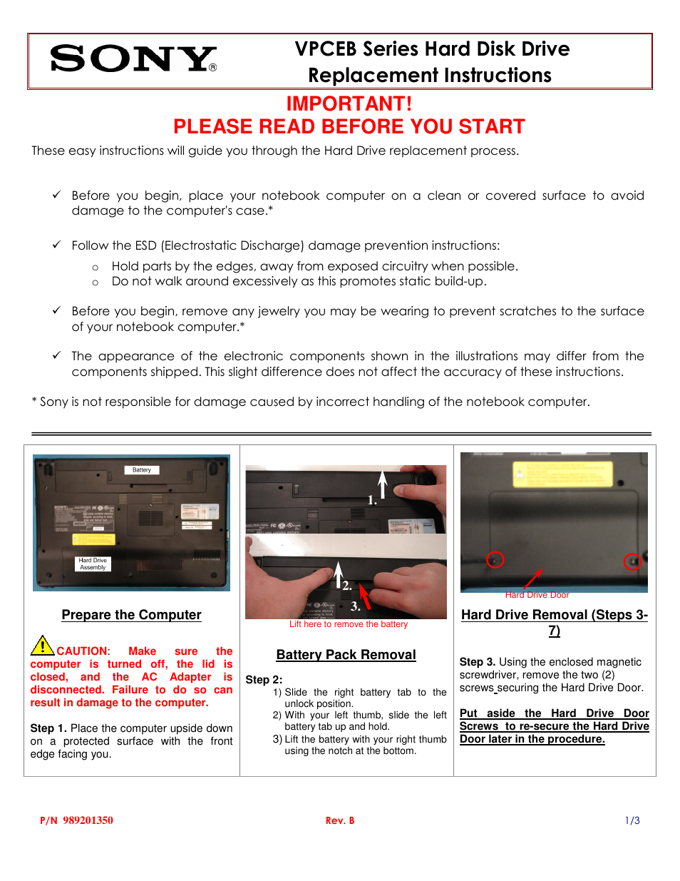 Sony VPCEB Series Hard Disk Drive (Replacement Instructions) User Manual | 3 pages