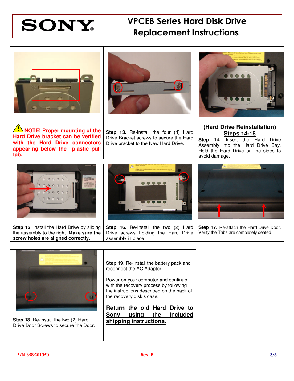 Sony VPCEB Series Hard Disk Drive (Replacement Instructions) User Manual | Page 3 / 3