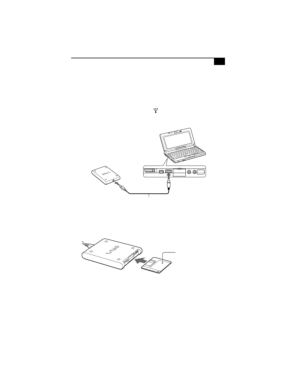 Using the floppy disk drive, To connect the floppy disk drive, To insert a diskette | Sony PCG-C1X User Manual | Page 35 / 111
