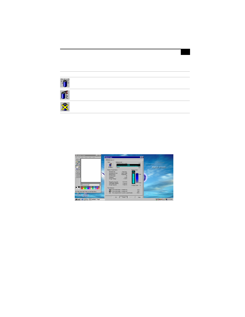 Battery icon descriptions, Displaying detailed battery information | Sony PCG-C1X User Manual | Page 61 / 111