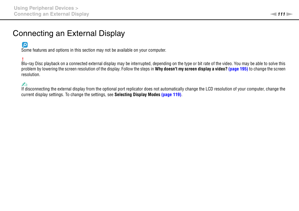 Connecting an external display | Sony VPCSE23FX User Manual | Page 111 / 212