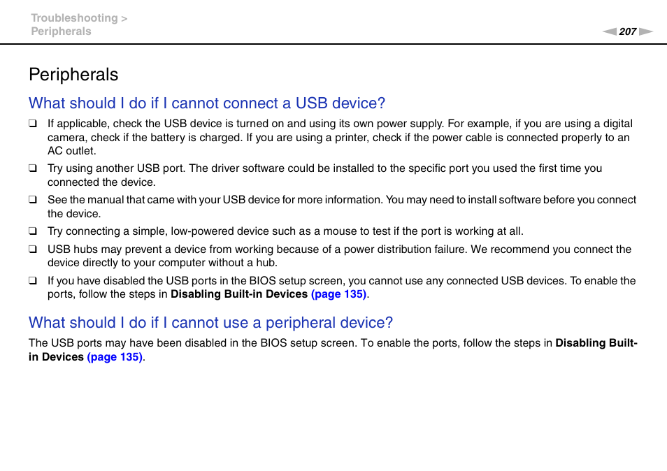 Peripherals, What should i do if i cannot connect a usb device | Sony VPCSE23FX User Manual | Page 207 / 212