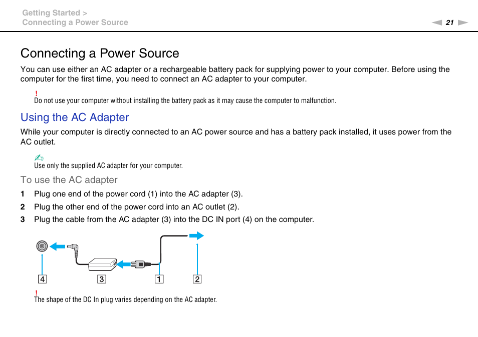 Connecting a power source, Using the ac adapter | Sony VPCSE23FX User Manual | Page 21 / 212
