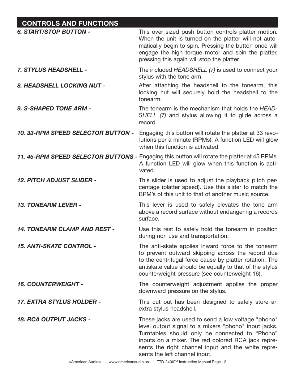 Controls and functions | American Audio TTD-2400 User Manual | Page 12 / 16