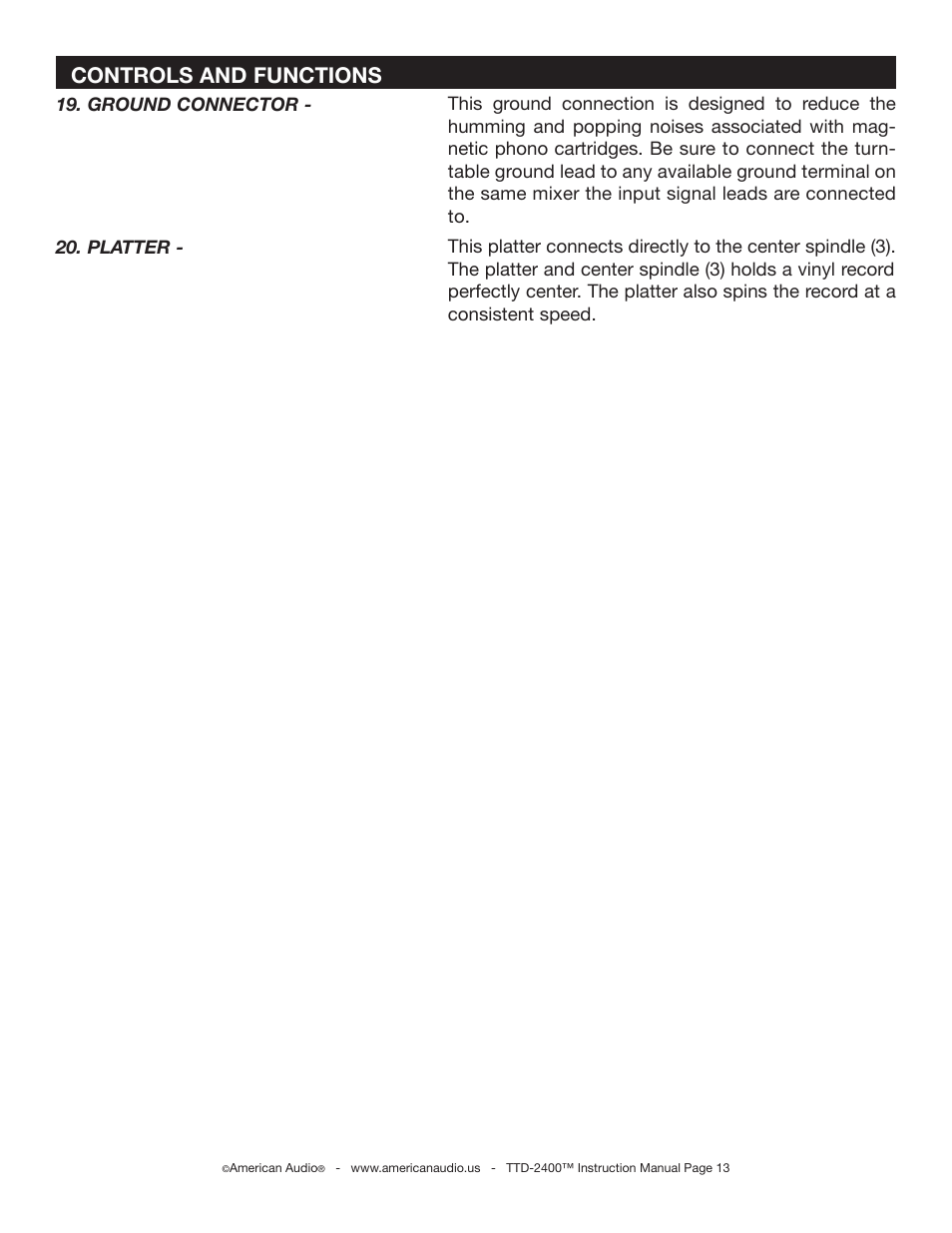 Controls and functions | American Audio TTD-2400 User Manual | Page 13 / 16