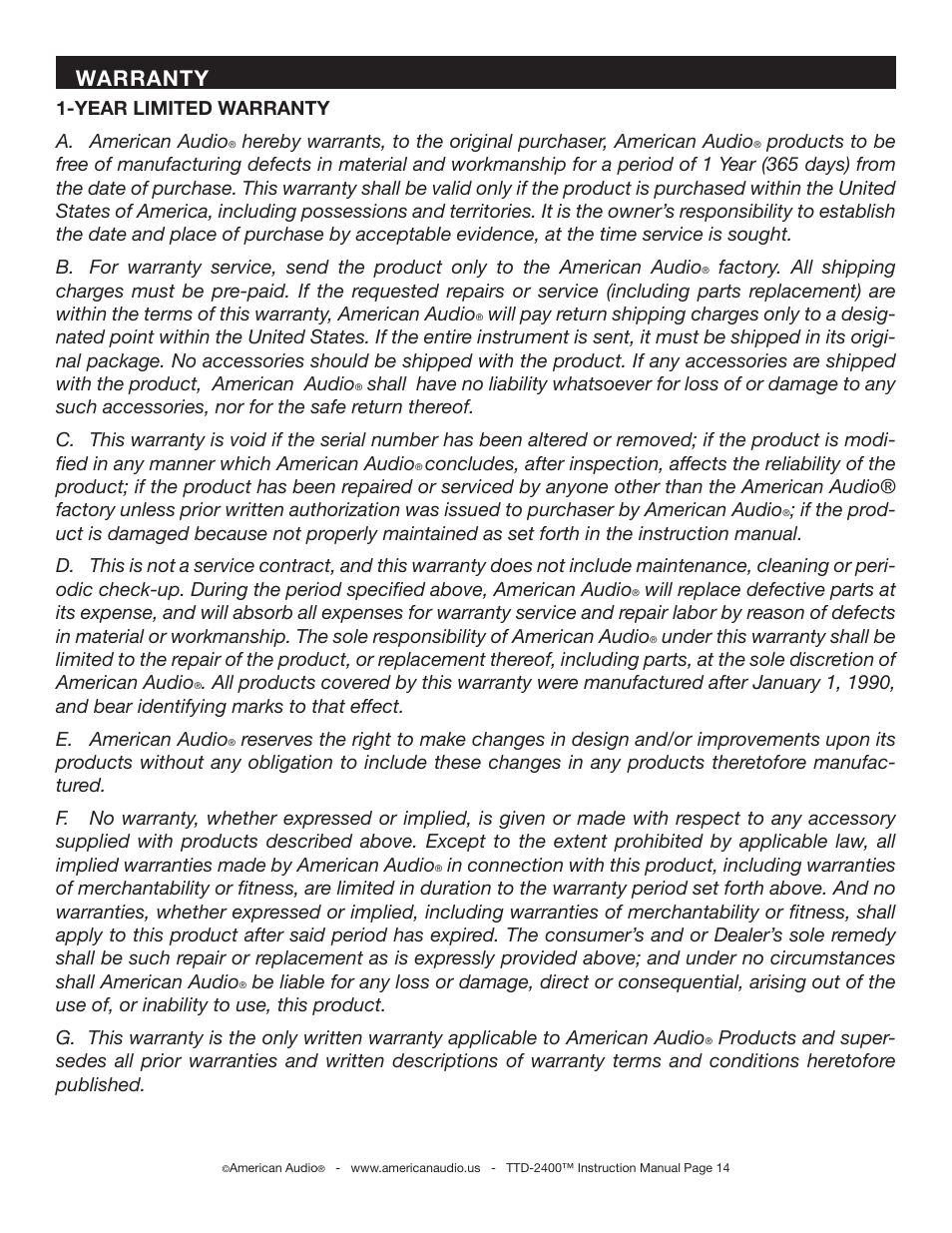 Warranty, Year limited warranty a. american audio | American Audio TTD-2400 User Manual | Page 14 / 16