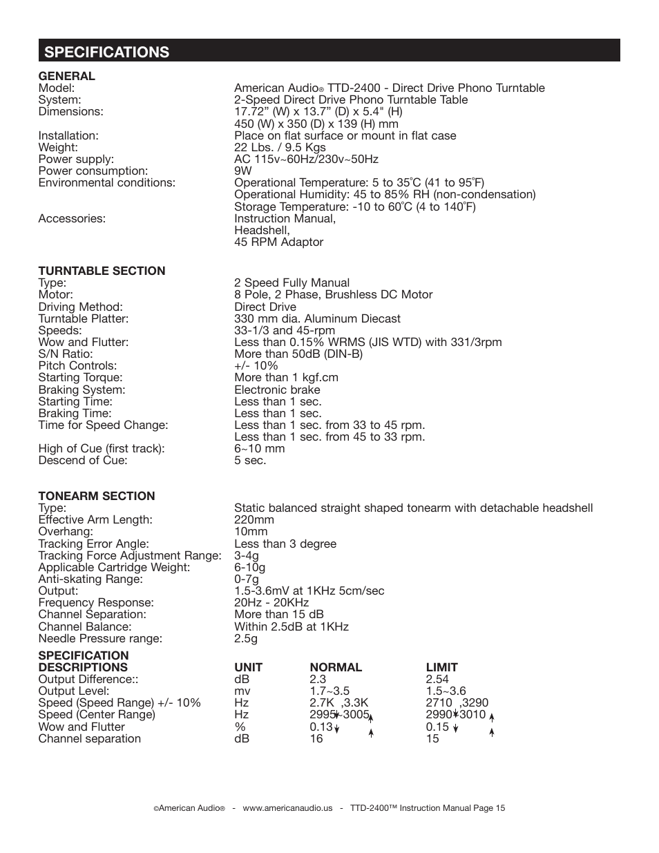 Specifications | American Audio TTD-2400 User Manual | Page 15 / 16