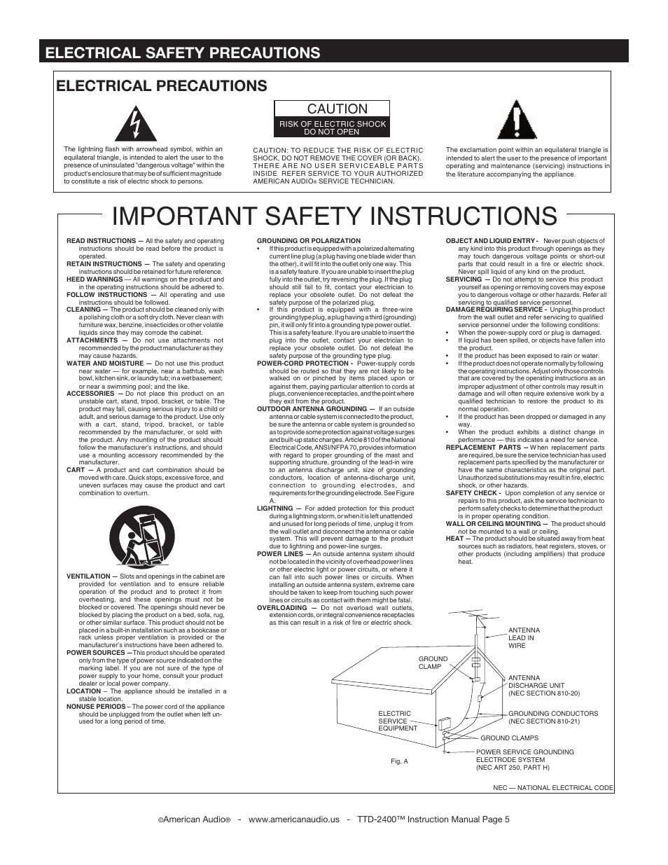 Important safety instructions, Electrical precautions, Electrical safety precautions | Caution | American Audio TTD-2400 User Manual | Page 4 / 16