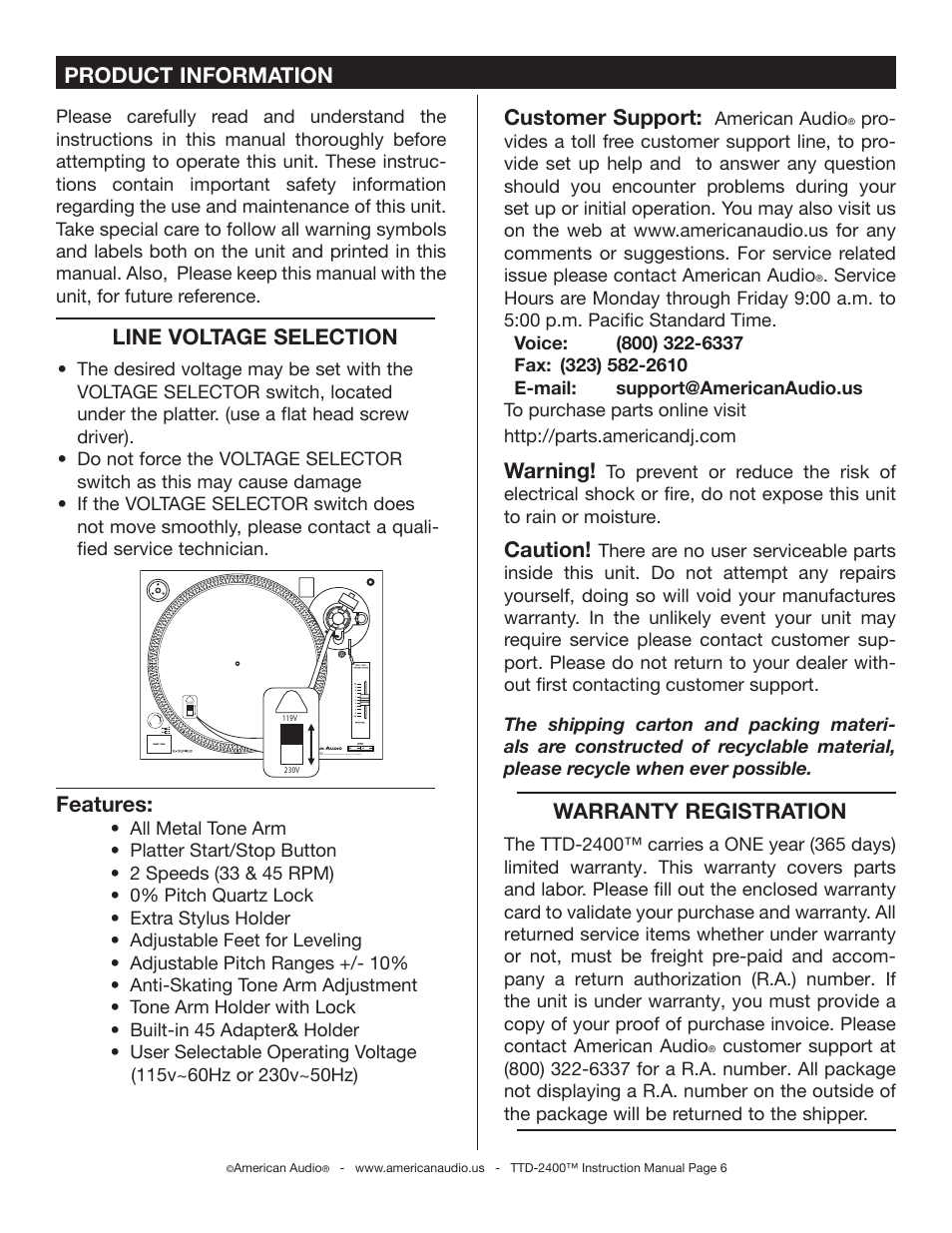 Product information, Warranty registration, Customer support | Warning, Caution, Features, Line voltage selection | American Audio TTD-2400 User Manual | Page 5 / 16