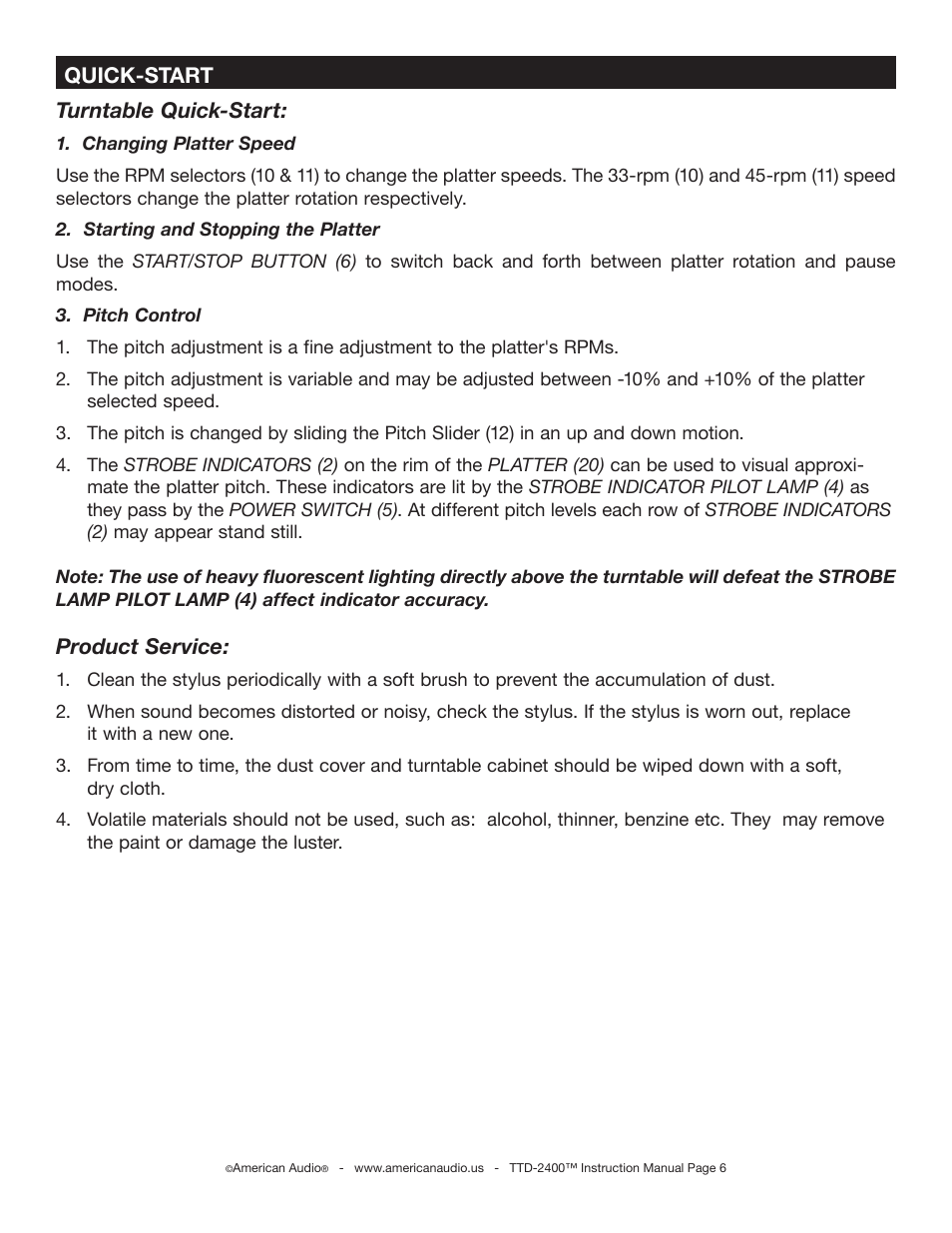 Quick-start turntable quick-start, Product service | American Audio TTD-2400 User Manual | Page 6 / 16