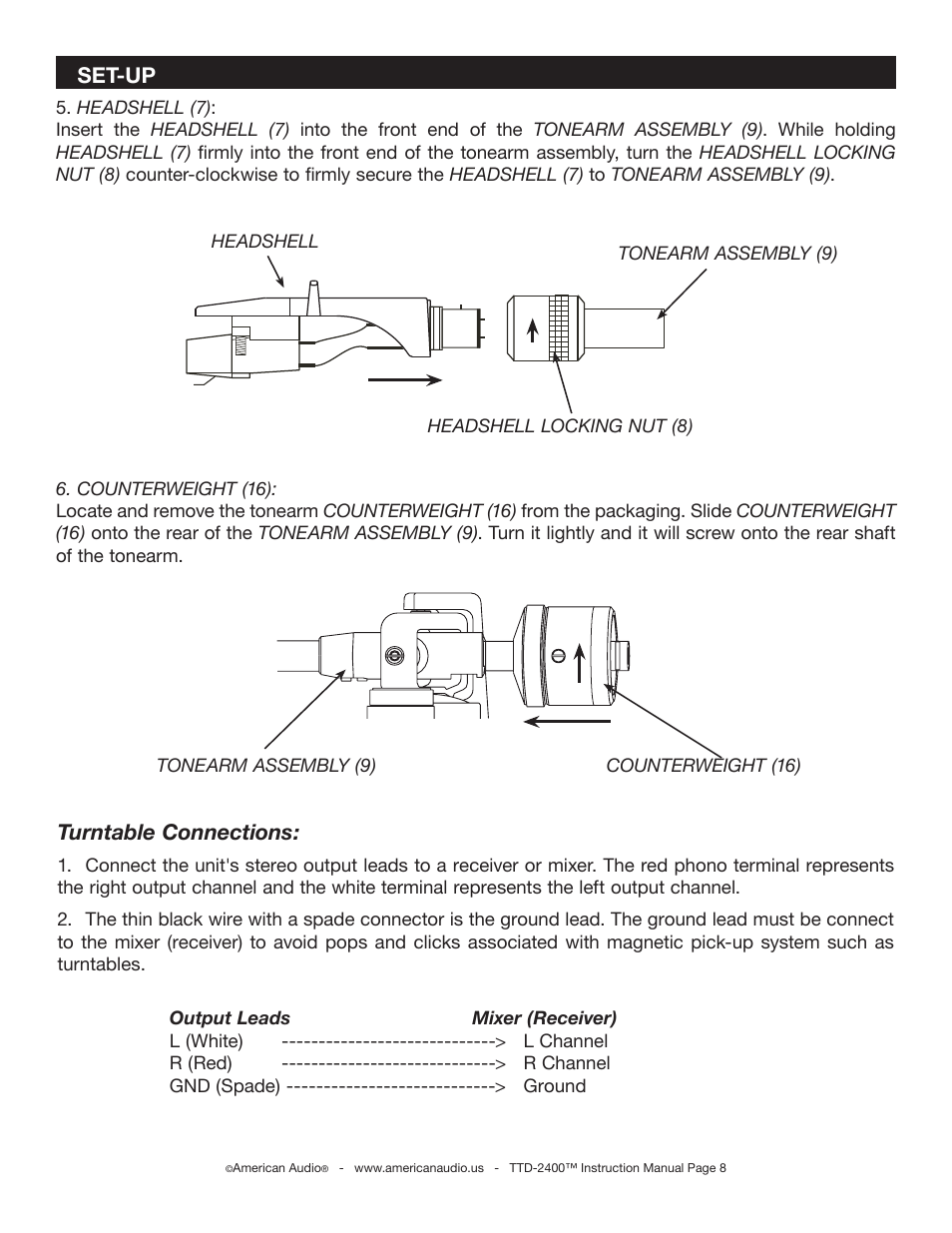 Turntable connections, Set-up | American Audio TTD-2400 User Manual | Page 8 / 16