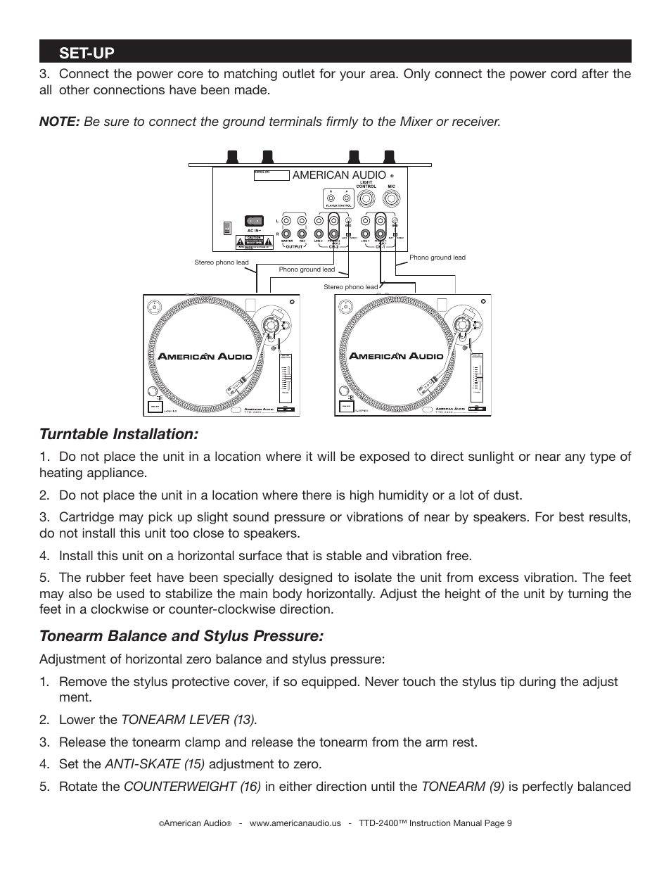 Set-up, Turntable installation, Tonearm balance and stylus pressure | American Audio TTD-2400 User Manual | Page 9 / 16