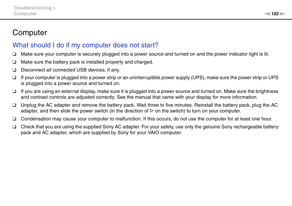 Computer, What should i do if my computer does not start | Sony VGN-P610 User Manual | Page 103 / 138