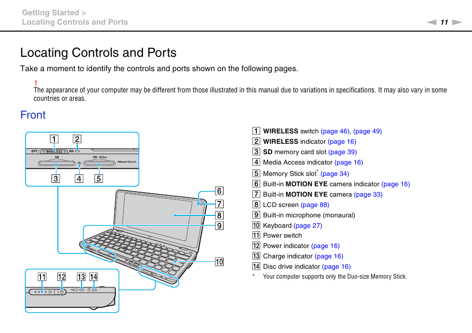 Locating controls and ports, Front | Sony VGN-P610 User Manual | Page 11 / 138