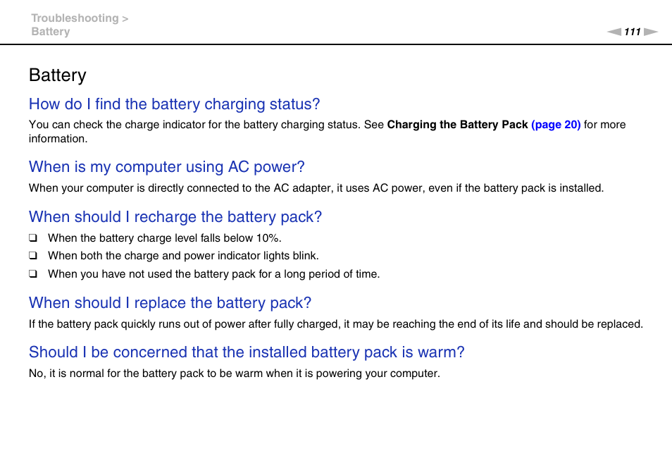 Battery, How do i find the battery charging status, When is my computer using ac power | When should i recharge the battery pack, When should i replace the battery pack | Sony VGN-P610 User Manual | Page 111 / 138