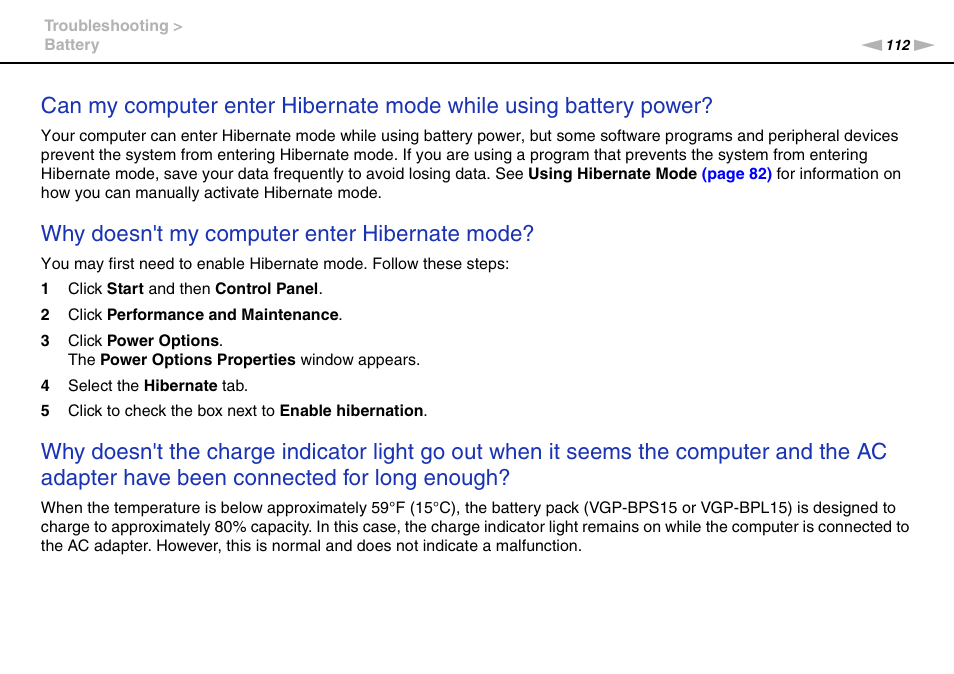 Why doesn't my computer enter hibernate mode | Sony VGN-P610 User Manual | Page 112 / 138