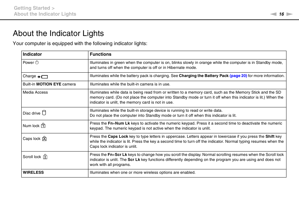 About the indicator lights | Sony VGN-P610 User Manual | Page 16 / 138