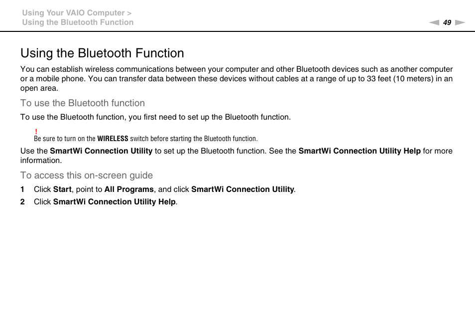 Using the bluetooth function, Tion | Sony VGN-P610 User Manual | Page 49 / 138