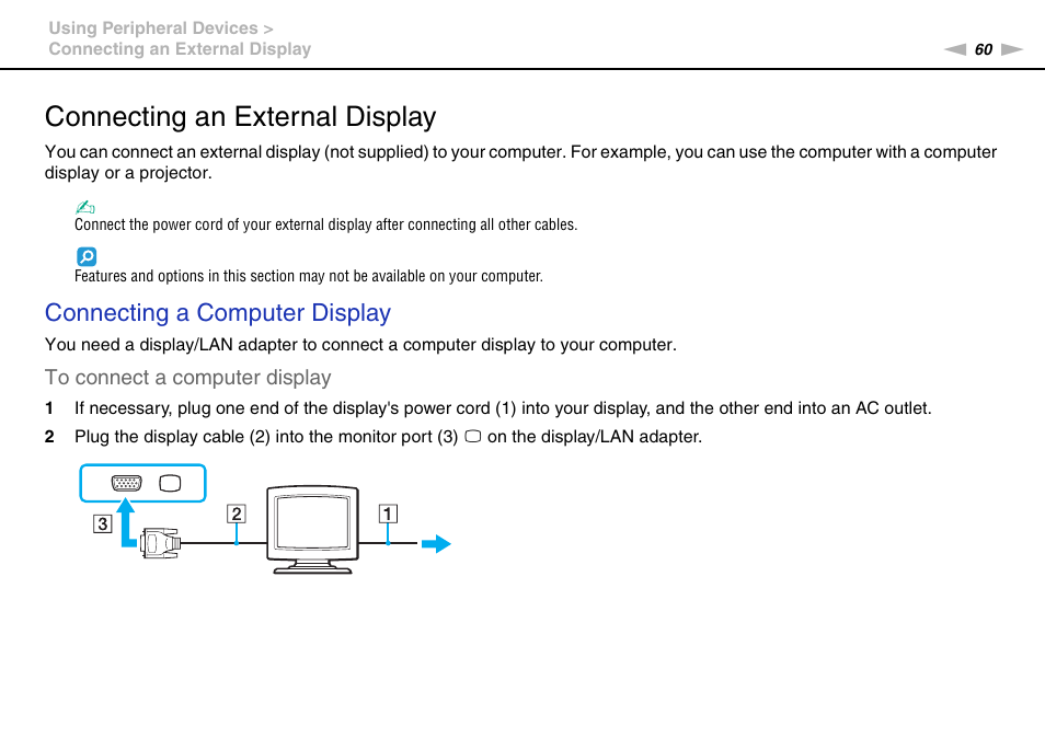 Connecting an external display, Connecting a computer display | Sony VGN-P610 User Manual | Page 60 / 138