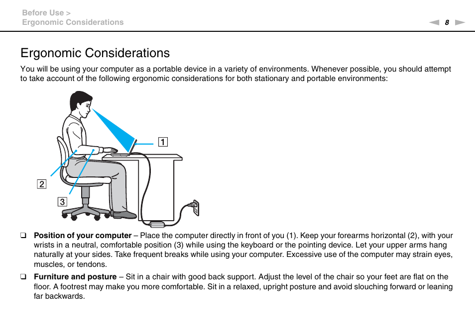 Ergonomic considerations | Sony VGN-P610 User Manual | Page 8 / 138