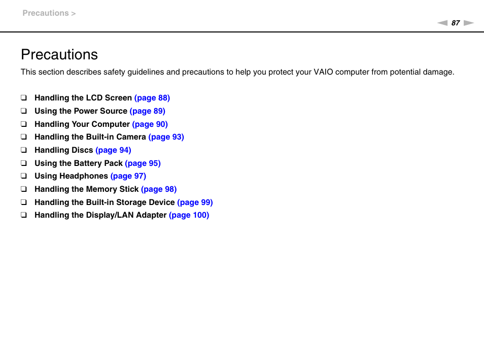 Precautions | Sony VGN-P610 User Manual | Page 87 / 138