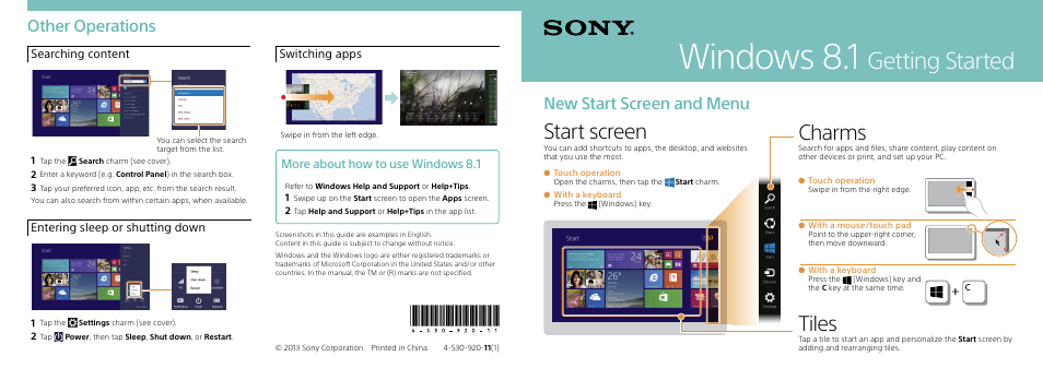 Sony Windows 8.1 Getting Started User Manual | 2 pages